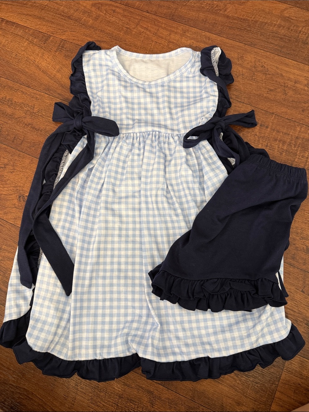 Blue Gingham Apron Top with Navy Ruffle Trim and Matching Ruffle Short